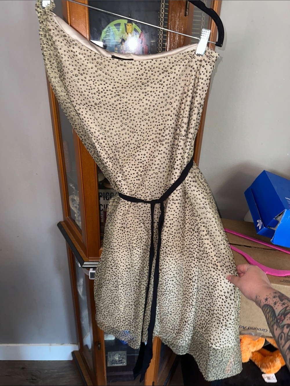 Cache One-Shoulder Beige Sequin Dress with Black Sash